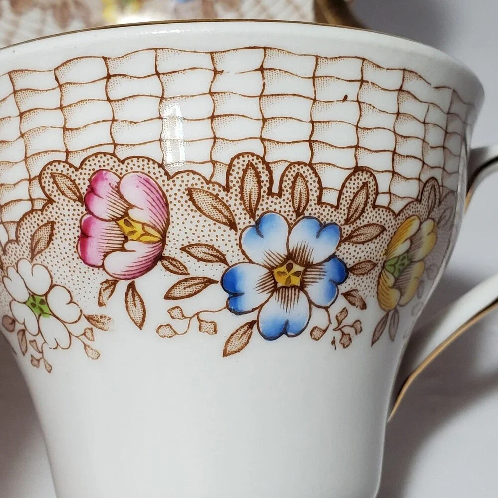 Rosina Teacup and Saucer Floral Basket Weave Pink Blue Flowers Vintage